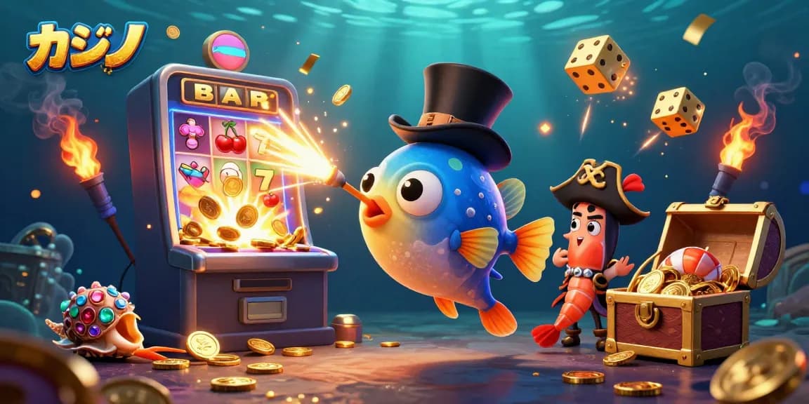 カジノアプリの魅力を引き出す、3Dスタイルの深海生物のイラスト。特製のスロットマシンが背景に。