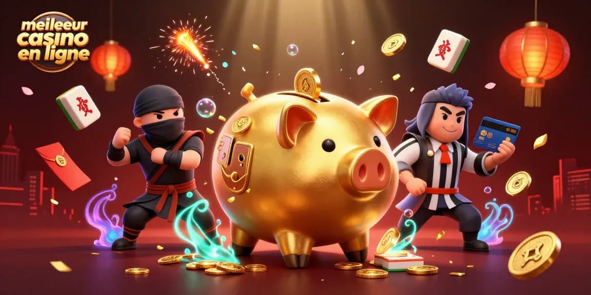 Visualisez le meilleur casino en ligne avec un sumo en tirelire et des personnages emblématiques dans une scène festive.