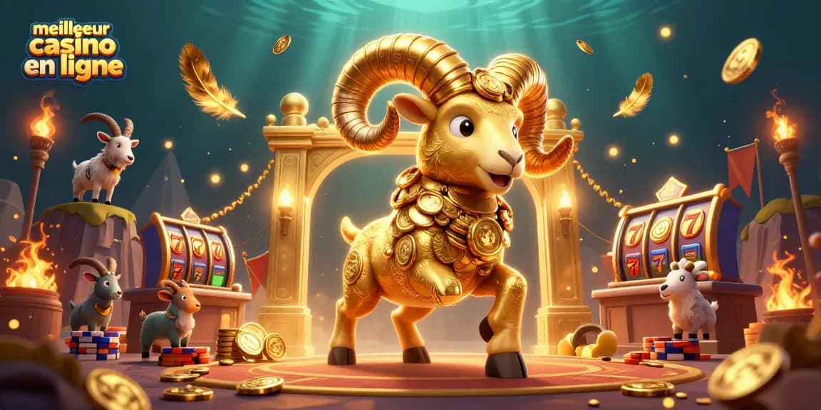 Illustration dynamique du meilleur casino en ligne avec un bélier doré et des jetons éparpillés.