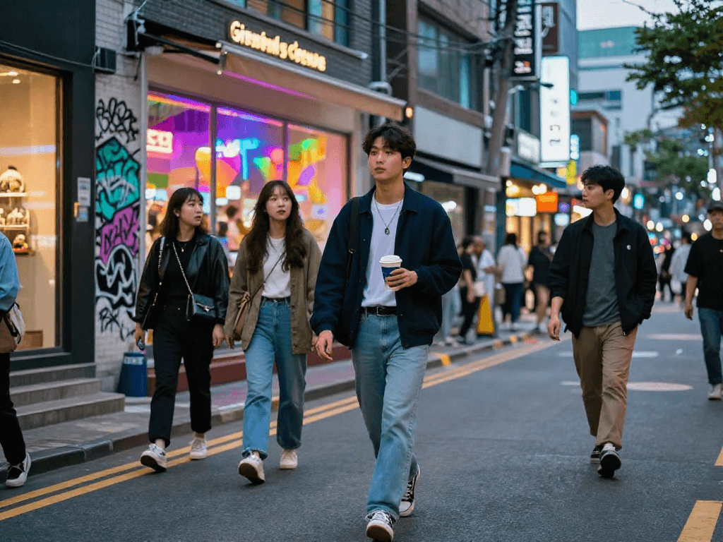 강남 달토의 현대적인 거리 풍경, 패셔너블한 젊은이와 친구들이 함께하며 활기찬 도시의 분위기를 나타냄