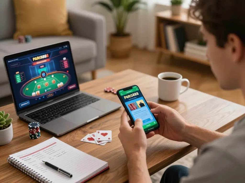Engaging with the Paris888 mobile app in a cozy home setup for responsible gaming strategy.