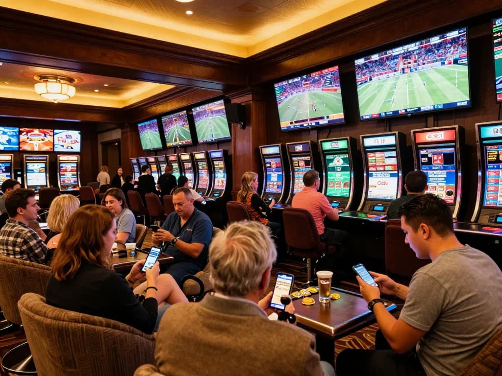 Người chơi tham gia cược thể thao m88 trong một phòng chờ casino cao cấp, sự hào hứng và không khí năng động rõ rệt