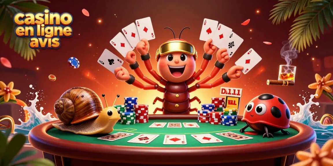 Image illustrant des avis sur les casinos en ligne avec des personnages animés et des jetons de poker