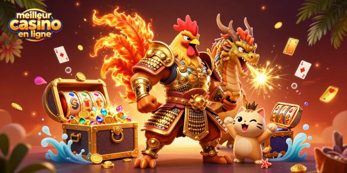 Découvrez le meilleur casino en ligne mettant en scène un guerrier coq samouraï et un dragon dans un univers de jeux.