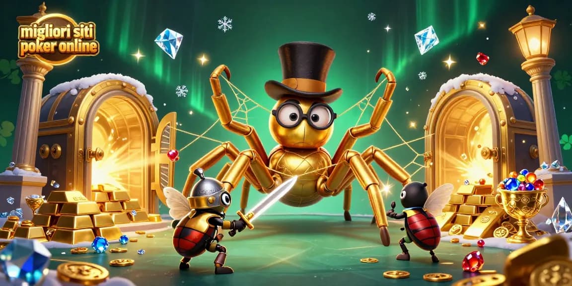 I migliori siti poker online: una scena avvincente con un ragno d'oro e un cavaliere, circondati da tesori