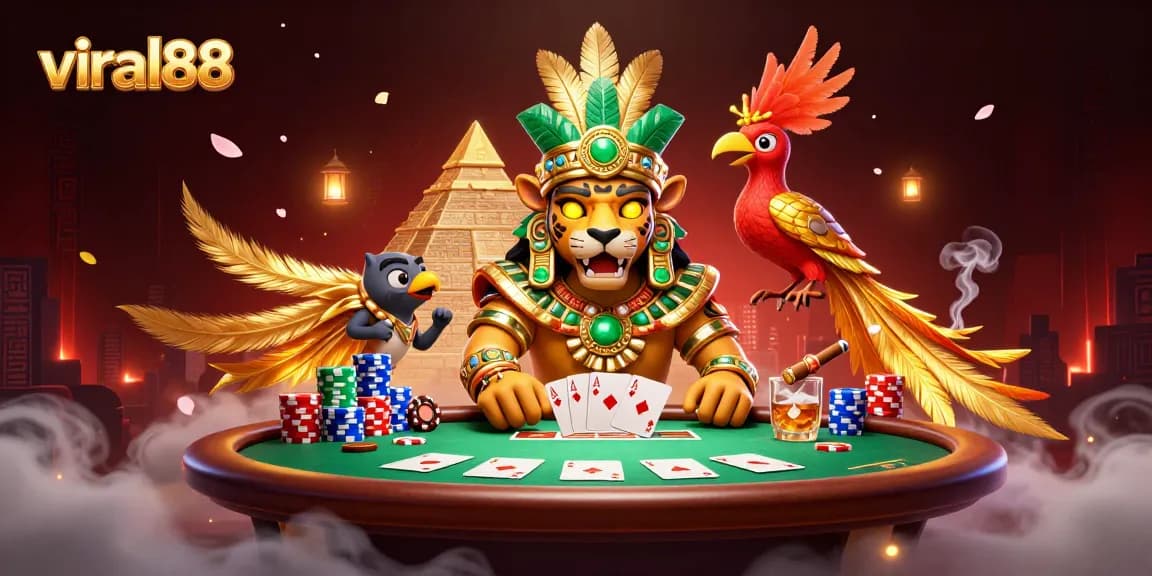 Experience viral88 gaming excitement with a vibrant Mayan priest and poker scene.