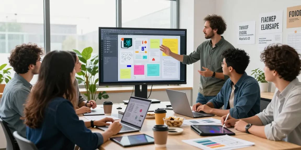 Dynamic team collaboration using a mixboard in a bright, modern workspace to visualize ideas.