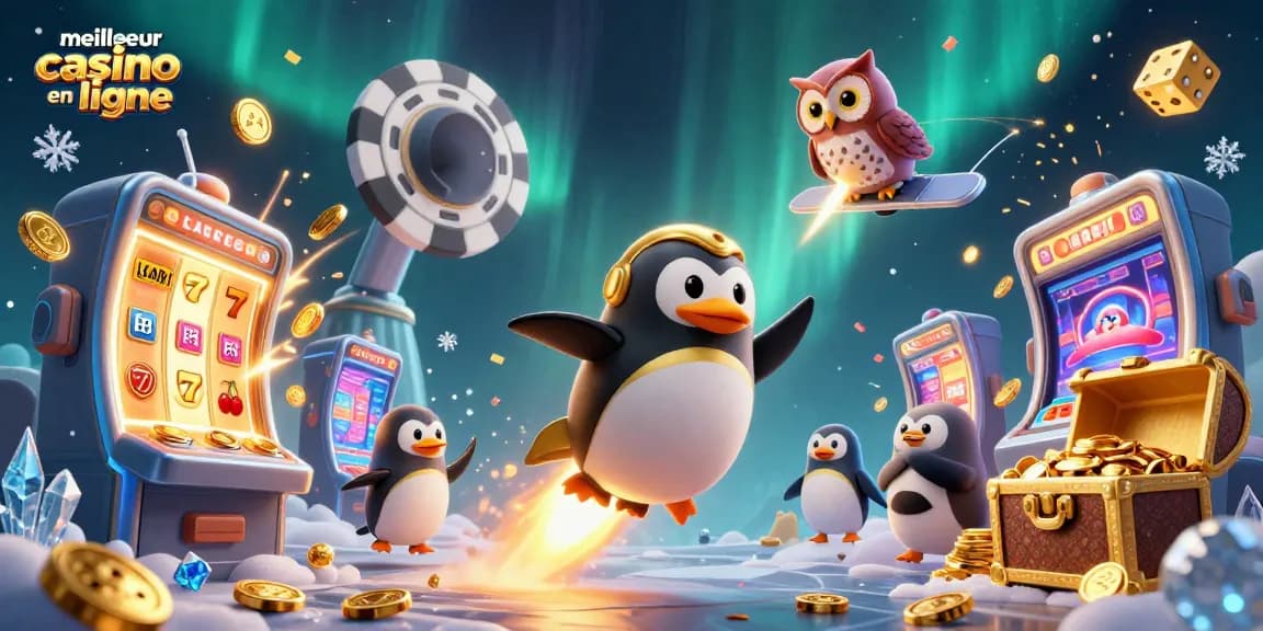 Immergez-vous dans l'univers du meilleur casino en ligne avec un pingouin doré propulsé par une fusée.