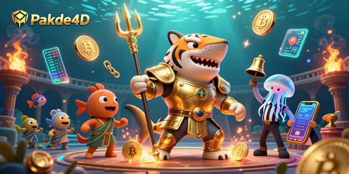 Play roulette and slots at Pakde4D, showcasing vibrant underwater excitement with a tiger shark and jellyfish referee.