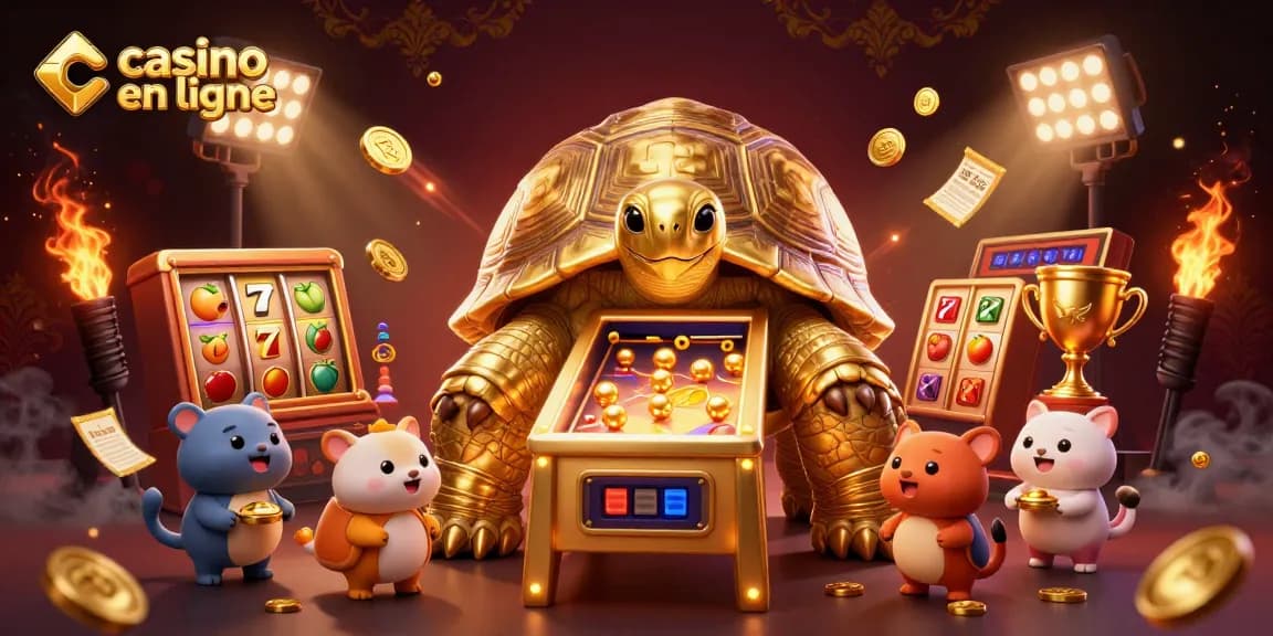 Jouez aux machines à sous sur un casino en ligne avec une tortue dorée et des jeux lumineux.