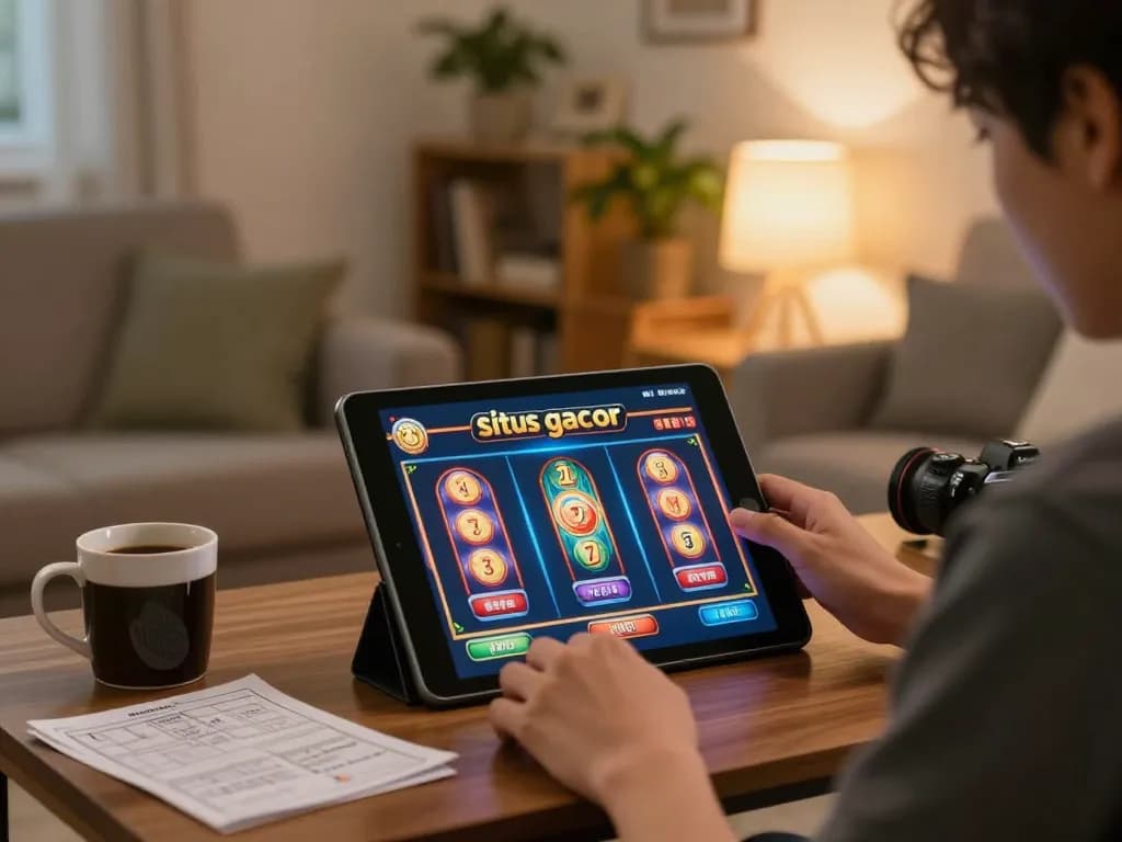 Playing situs gacor slot games on a tablet in a cozy living room, highlighting a player's engagement.