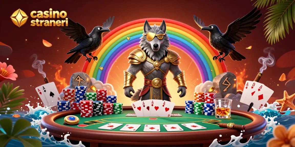 Partecipa a un'azione emozionante nei casinò online stranieri con una vivace scena di poker e personaggi mitici