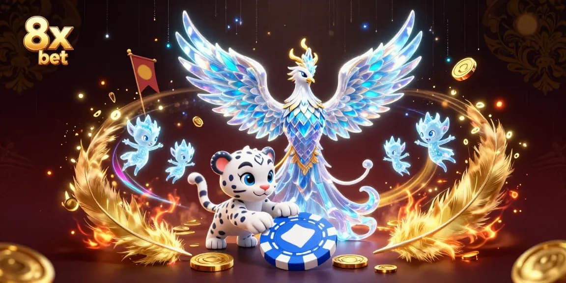 Play exciting games like 8x bet featuring an ice phoenix and poker chip in this dynamic casino scene.