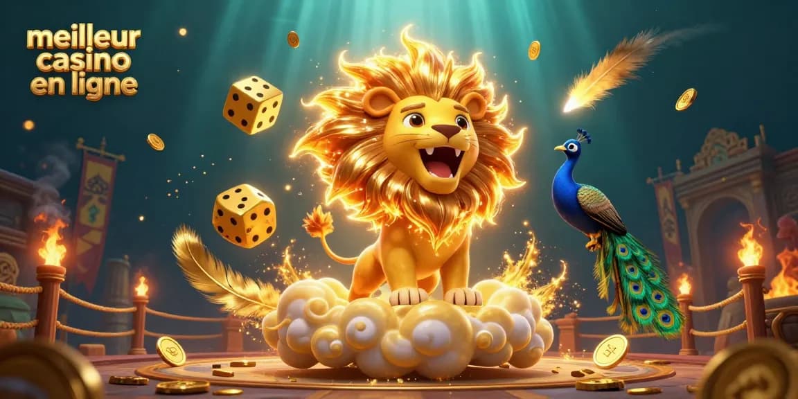 Venez découvrir le meilleur casino en ligne avec des éléments captivants tels qu'un lion éclatant et des dés dorés.