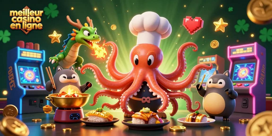 Plongez dans le meilleur casino en ligne avec cette scène animée, mettant en vedette un chef sushi, un dragon et un client tanuki.