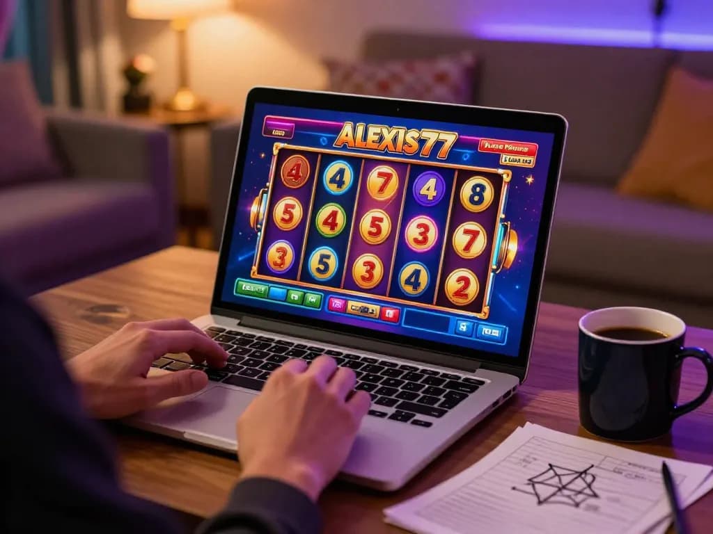 Engaging with the alexis77 slot interface on a laptop in a cozy living room setting