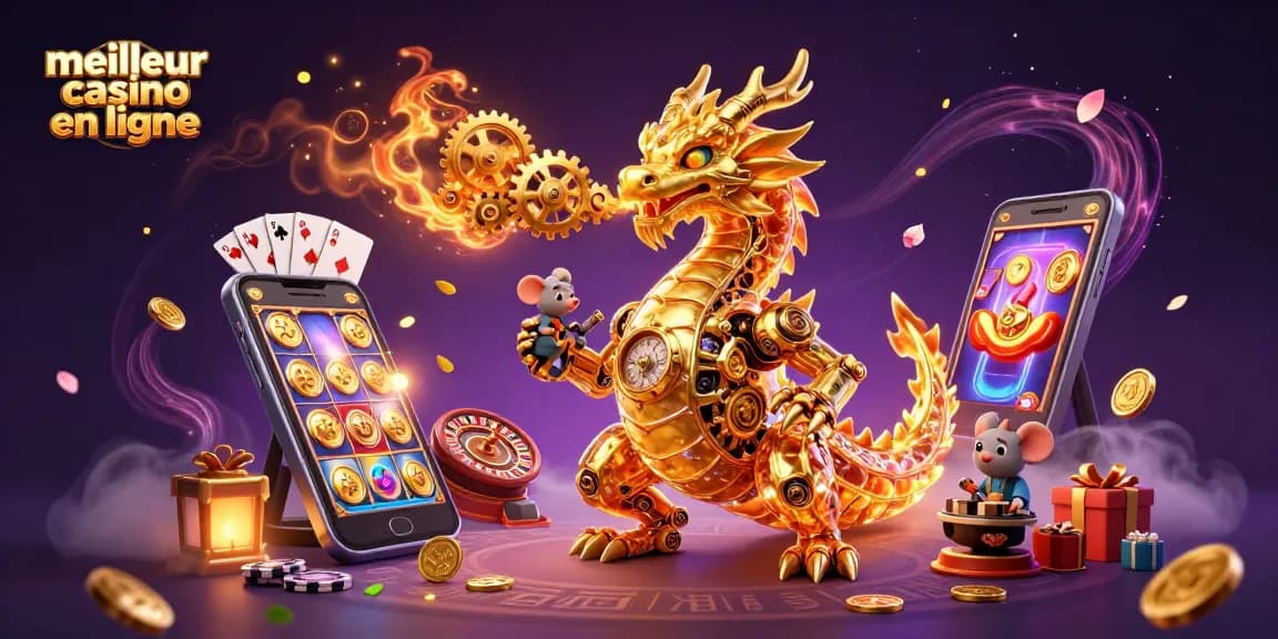 Jouez au meilleur casino en ligne avec un dragon mécanique fantastique et un ingénieur, entouré de jeux de casino animés.