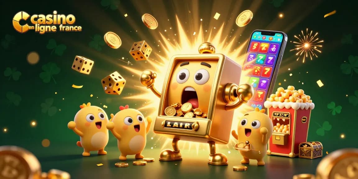 Casino en ligne France : Joyeux machine à sous dorée à jackpot, célébrant avec des machines plus petites.