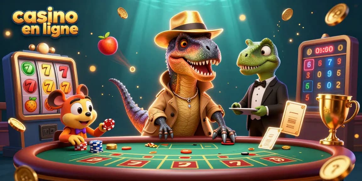 Des joueurs se divertissent sur une plateforme de casino en ligne avec des jeux de machines à sous et des personnages animés.