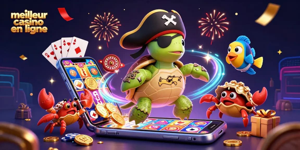 Illustration dynamique du meilleur casino en ligne avec une tortue pirate 3D, un crabe hermite doré et un poisson perroquet.