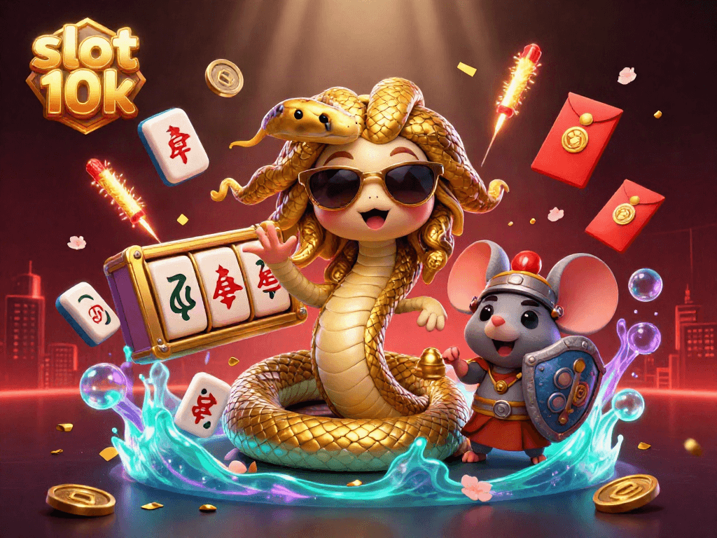Spin with excitement in the vibrant scene of slot 10k, featuring Medusa and a warrior mouse amidst swirling casino elements.