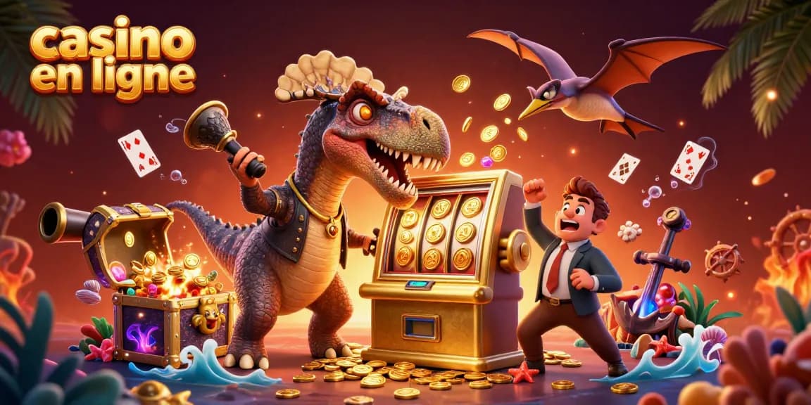 Gagnez des jackpots dans un casino en ligne avec ce dinosaure cartoon et une machine à sous dorée.