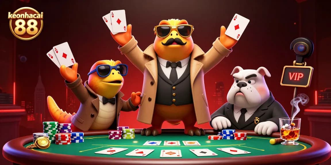 Experience keonhacai 88 in a dynamic casino scene with raptors and poker elements.
