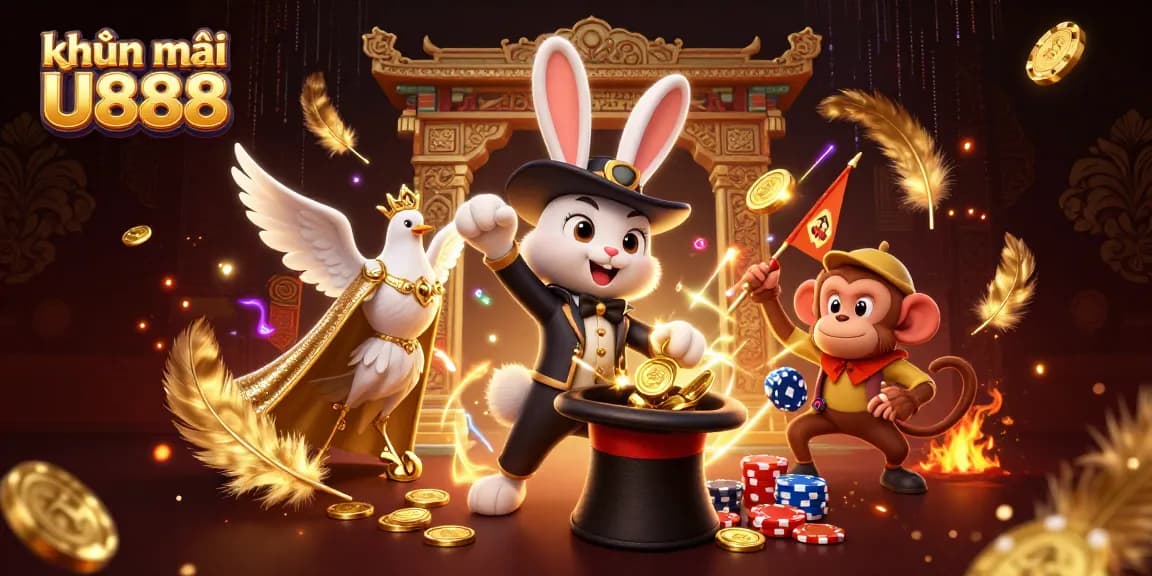 Exciting khuyến mãi U888 scene depicting a magician rabbit, dove, and monkey amidst vibrant casino-themed elements.
