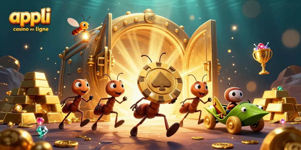 Appli casino en ligne : fourmis en pleine action pour voler un jeton doré avec éclats de trésor autour.