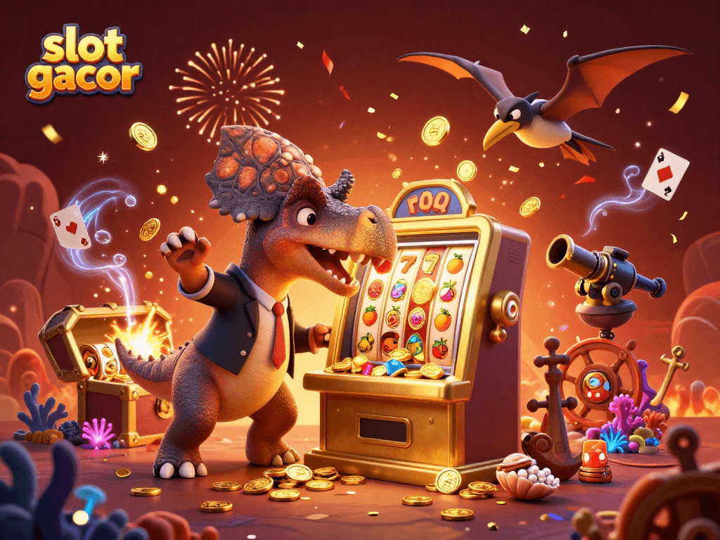 Experience slot gacor action with a pachycephalosaurus, golden coins, and vibrant casino elements.