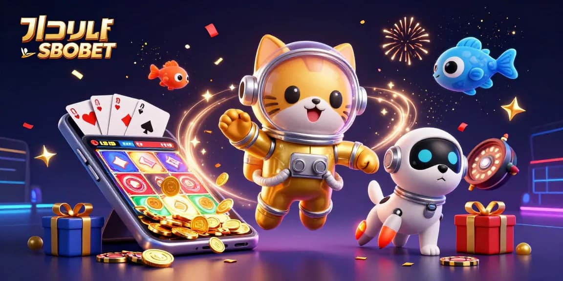 Experience แทงบอล SBOBET with an exciting space-themed 3D illustration featuring a golden astronaut cat and dynamic gaming elements.