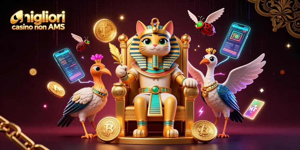Scopri i migliori casino non AAMS con un affascinante faraone egiziano e monete crypto in un'illustrazione vivace.