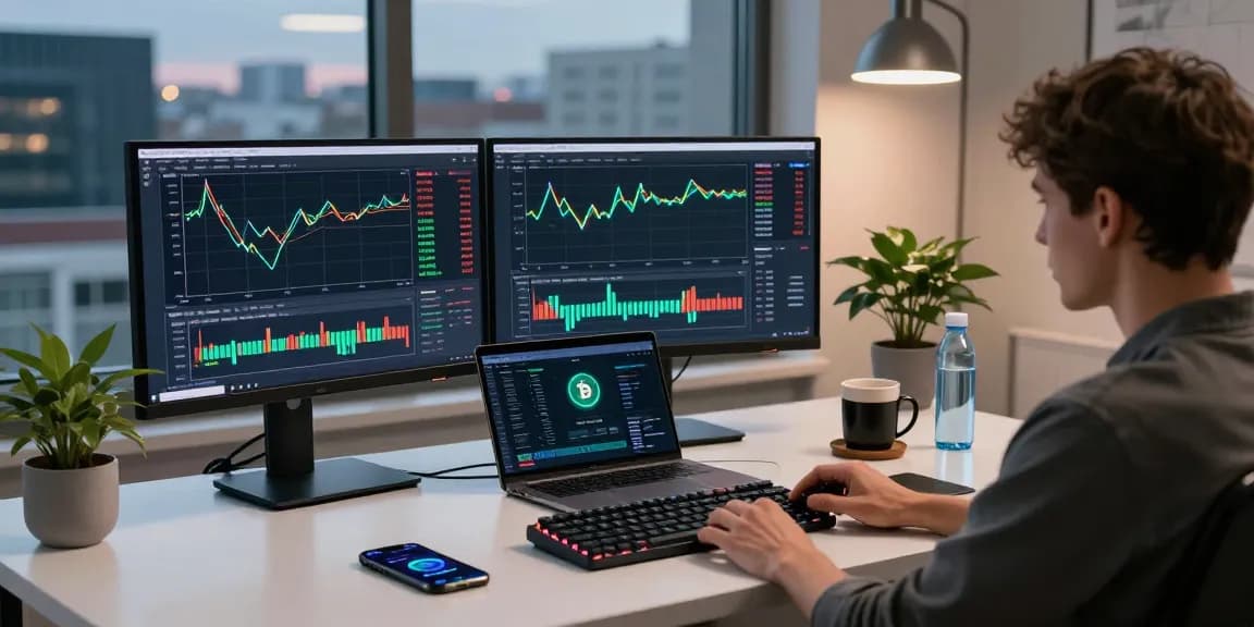 Sustainable bitcoin mining workspace featuring advanced digital screens and trading tools in a modern office
