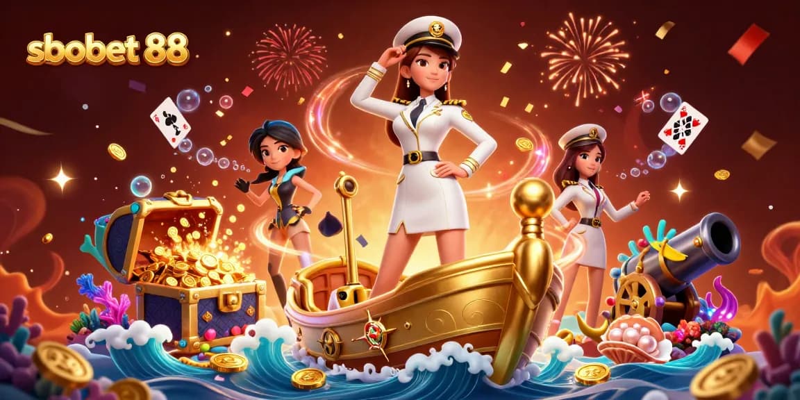 Engage with sbobet 88 and uncover treasures amidst gold coins and colorful gems in this vibrant scene.
