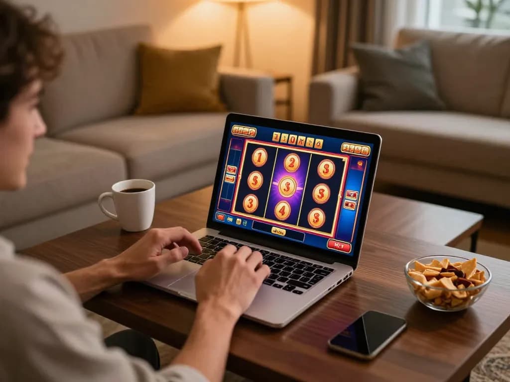 Player enjoying slot gacor gampang menang on a laptop in a cozy home setting, vibrant game display.