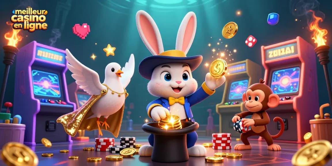 Célébrez le meilleur casino en ligne avec un magicien, une colombe et un singe rusé, créant une magie de jeux d'argent.