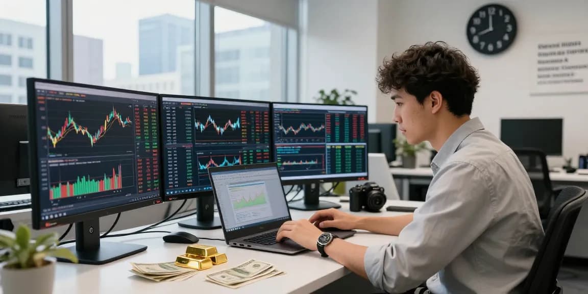Gold price for today in Malaysia displayed on trading monitors in a financial office setting.