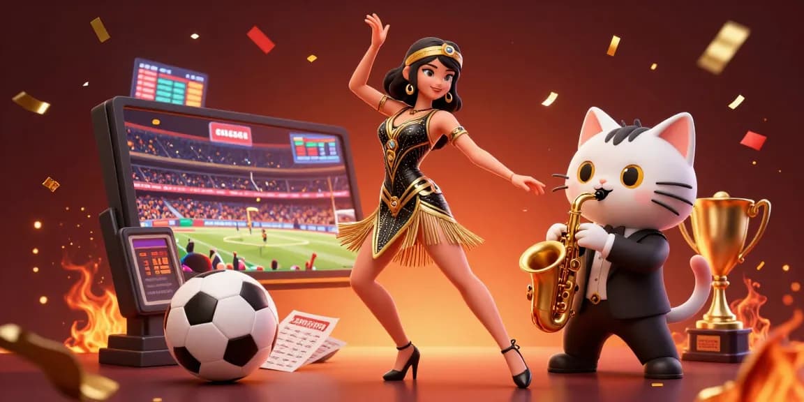 Engage in kèo bóng đá nhà cái with vibrant sports betting elements featuring a 3D woman and a saxophone-playing cat.