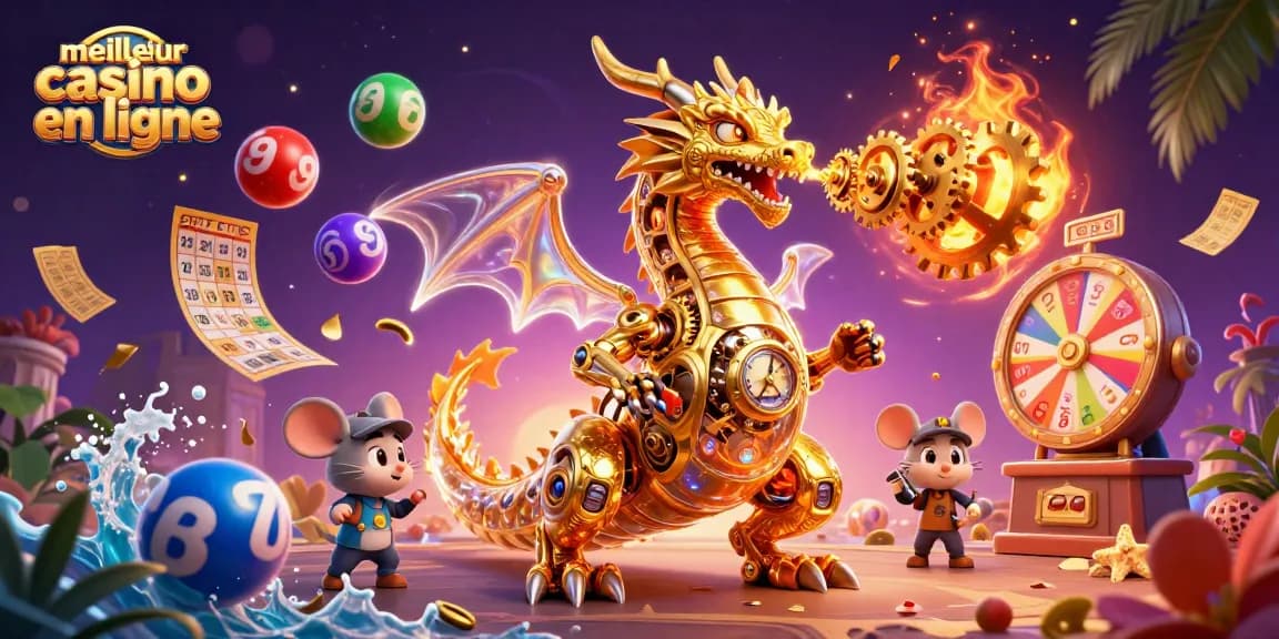 Explorez le meilleur casino en ligne avec une scène ludique mettant en avant un dragon et des éléments de loterie.