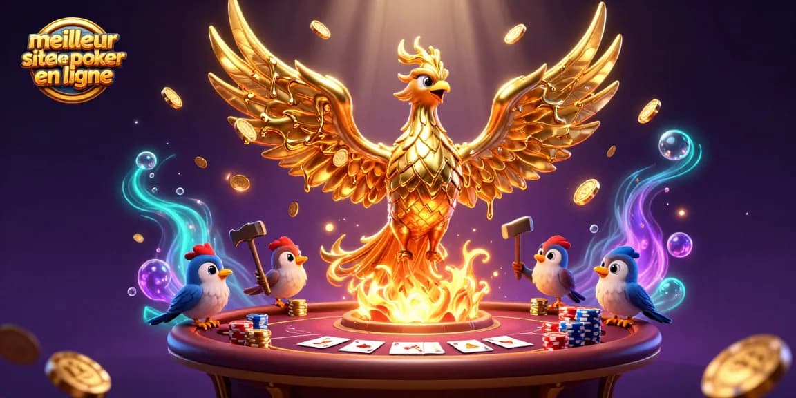 Meilleur site de poker en ligne illustré par un phoenix doré entouré de jetons et cartes de poker sur l'écran.