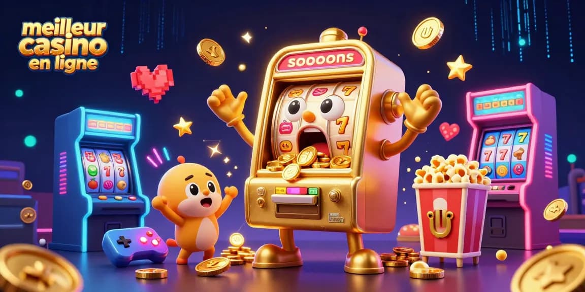 Illustration d'un meilleur casino en ligne avec une machine à sous en or, des jetons et des jeux colorés