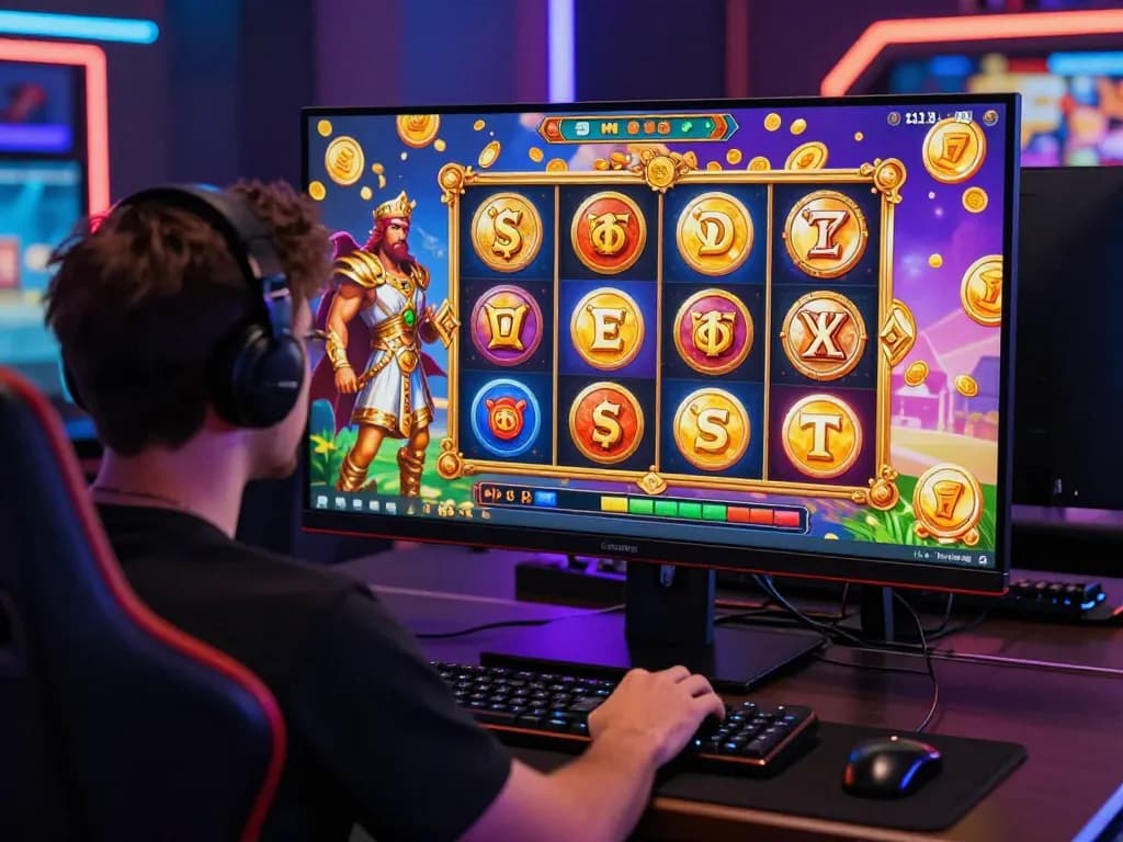 Player engaged with DRAGON222 Zeus-themed slot game, vibrant visuals and intense gaming atmosphere.