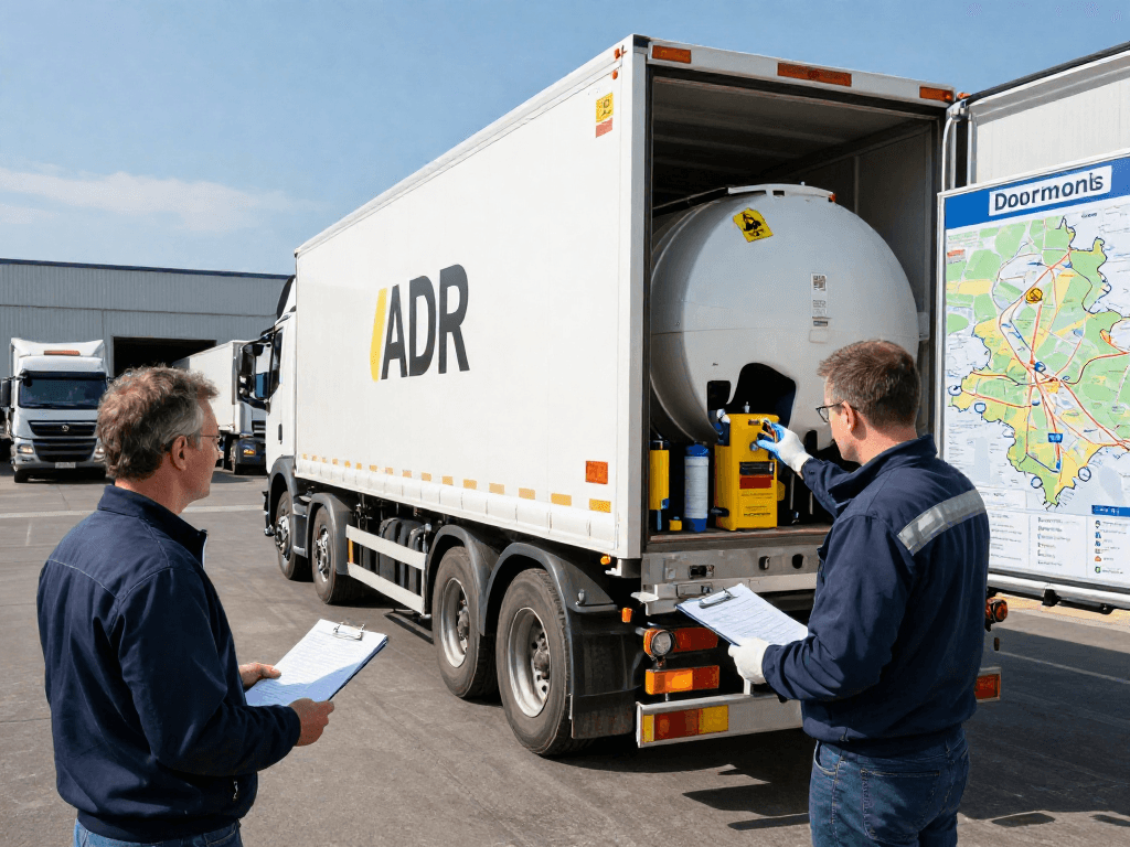 ADR Transport von Dortmund mit professionellem Fahrer und Sicherheitsausrüstung am Lkw.