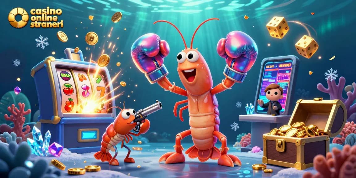 Interagisci con casino online stranieri attraverso un'illustrazione 3D vibrante che presenta un gambero mantide fortunato in un ambiente da casinò.