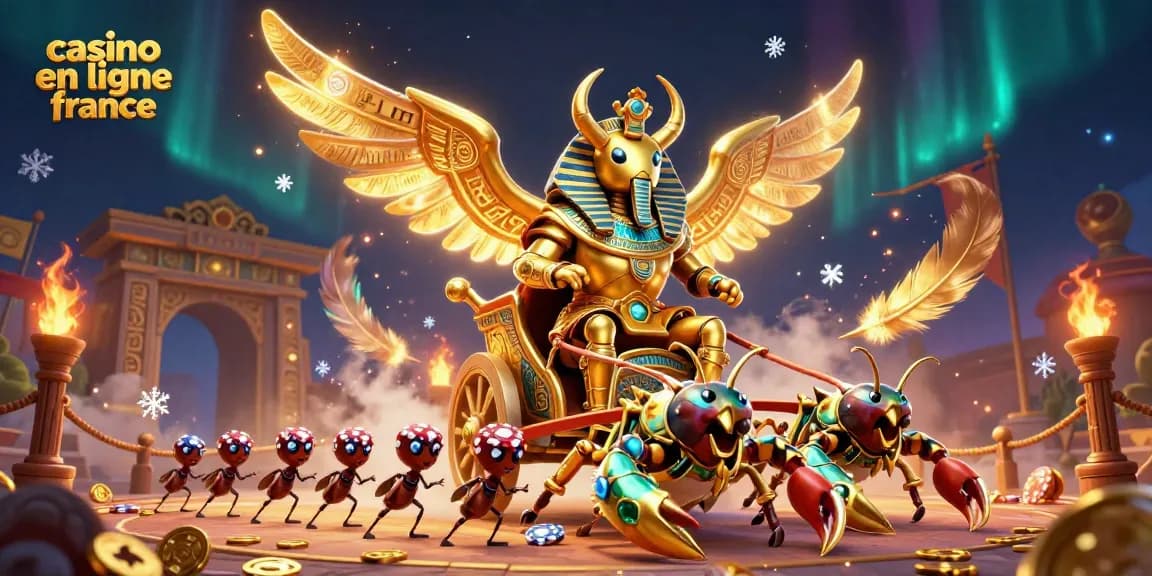 Illustration captivante représentant le casino en ligne France avec un scarabée colossal et des éléments de jeu.