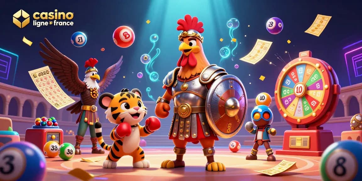 Illustration animée de casino en ligne France avec un coq gladiateur et un tigre, joueurs gagnants.