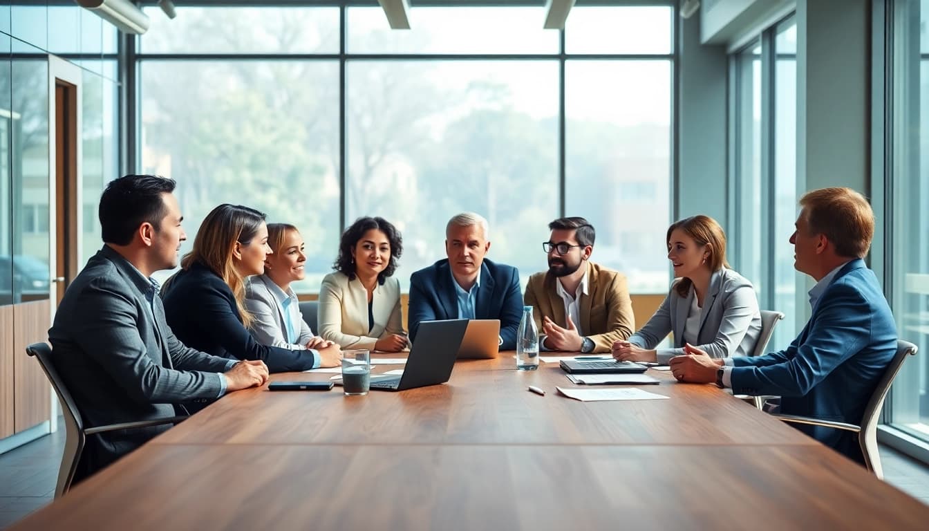 Consultants collaborating on Federal and State contracts and grants strategies in an office.