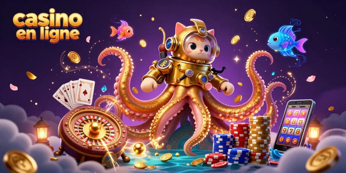 Jouez à des jeux captivants de casino en ligne avec un kraken et un chat plongeur dans une scène dynamique.