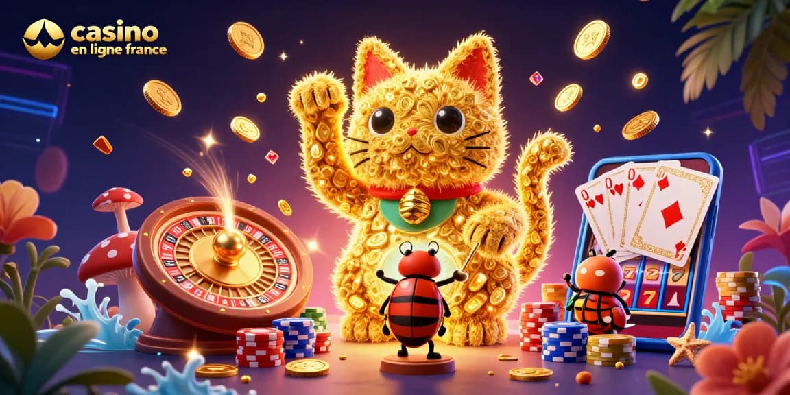 Visualisez le casino en ligne France avec des symboles de jeux scintillants et un joli chat porte-bonheur.