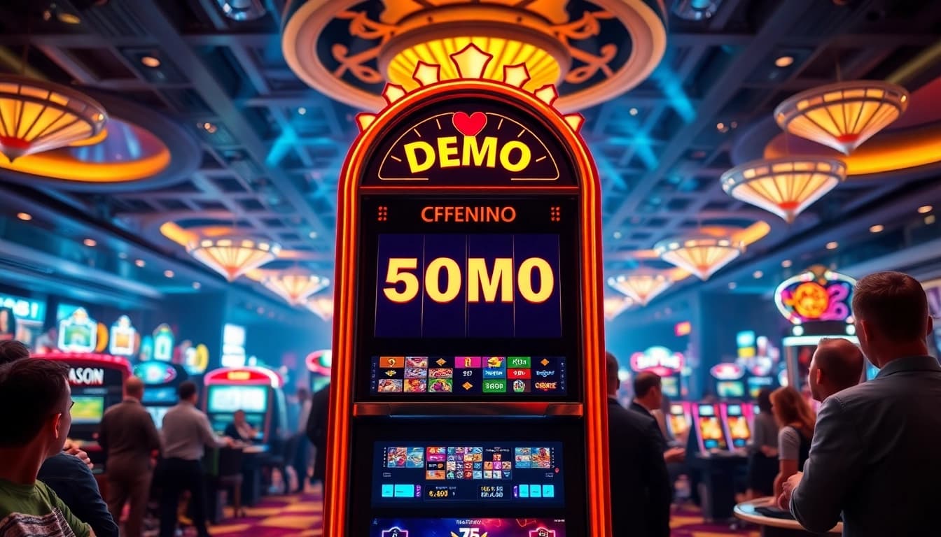 Menampilkan demo slot di kasino, dengan pemain antusias berinteraksi dan suasana meriah.